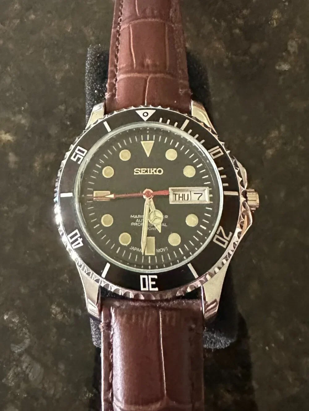 Seiko Black Dial Watch with Brown Leather Strap